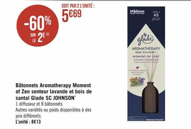 bâtonnets aromatherapy moment of zen senteur lavande et bois de santal glade sc johnson