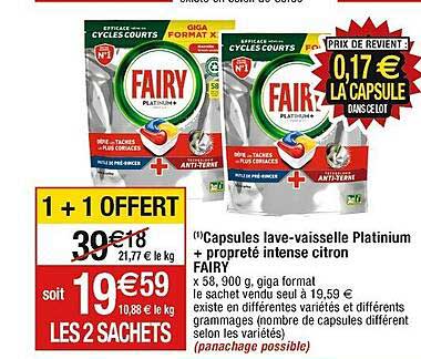 capsules lave-vaisselle platinium + propreté intense citron fairy