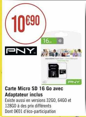 carte micro sd 16 go avec adaptateur inclus pny