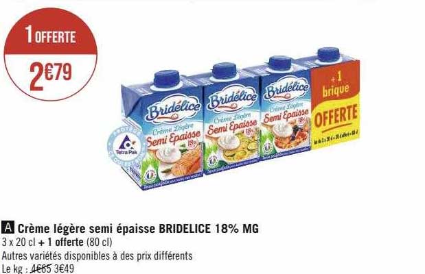 crème légère semi épaisse bridélice 18% mg