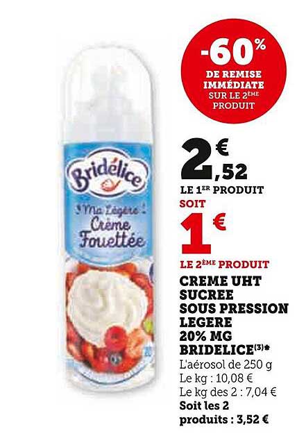 crème uht sucrée sous pression légère 20% mg bridélice