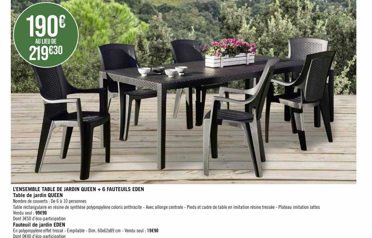 l'ensemble table de jardin queen + 6 fauteuils eden