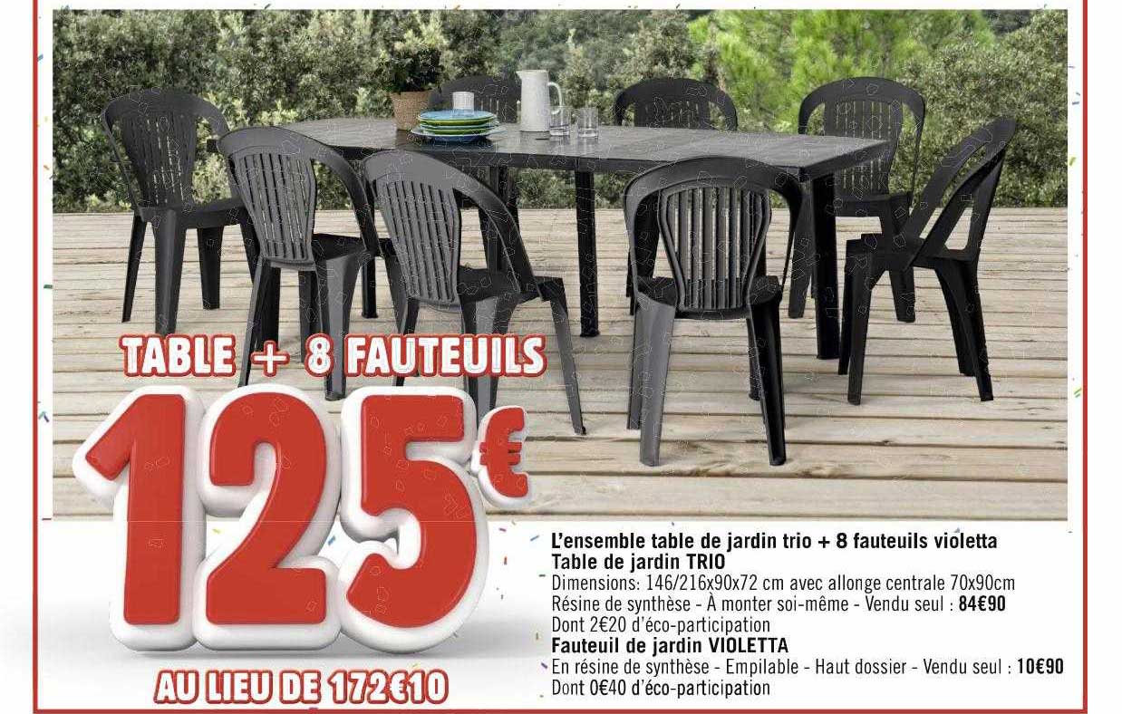l'ensemble table de jardin trio + 8 fauteuils violetta