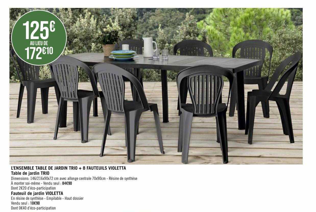 l'ensemble table de jardin trio + 8 fauteuils violetta