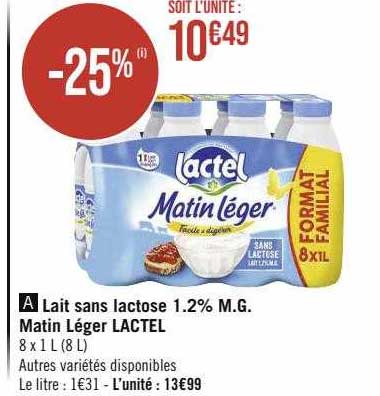 lait sans lactose 1.2% m.g. matin léger lactel