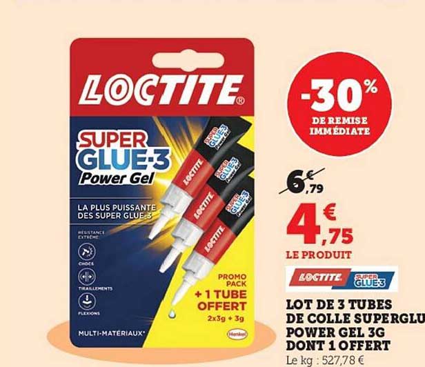 lot de 3 tubes de colle superglu power gel 3g dont 1 offert loctite