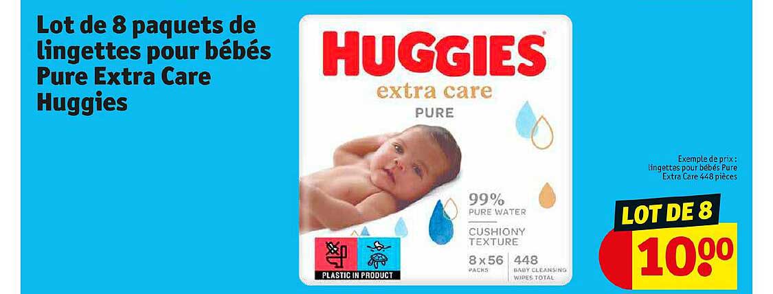 lot de 8 paquets de lingettes pour bébés pure extra care huggies