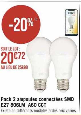 pack 2 ampoules connectées smd e27 806lm A60 cct