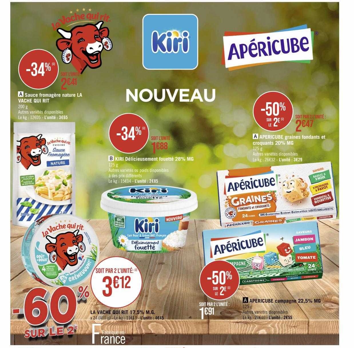 sauce fromagère nature la vache qui rit, kiri délicieusement fouetté 28% mg, apéricube graines fondants et croquants 20% mg, la vache qui rit 17,5% m.g., apéricube campagne 22,5% mg