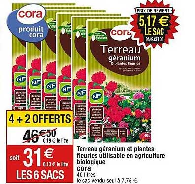 terreau géranium et plantes fleuries utilisable en agriculture biologique cora