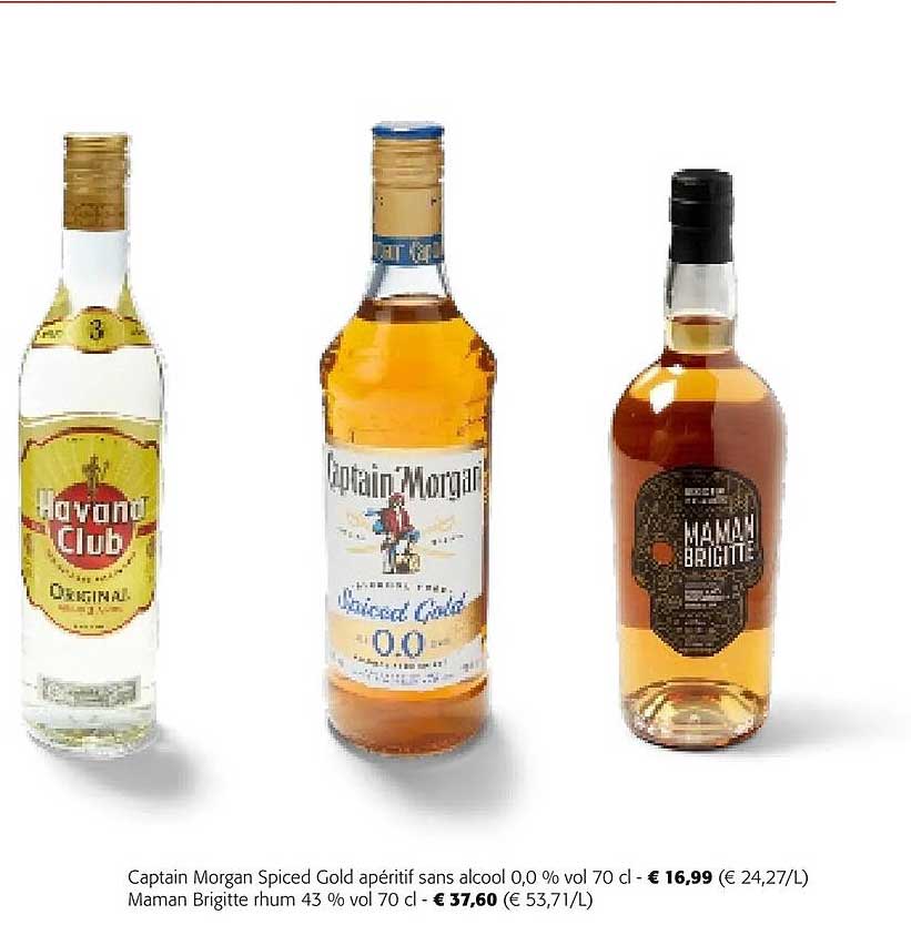captain morgan spiced gold apéritif sans alcool 0,0% vol, maman brigitte rhum 43% vol