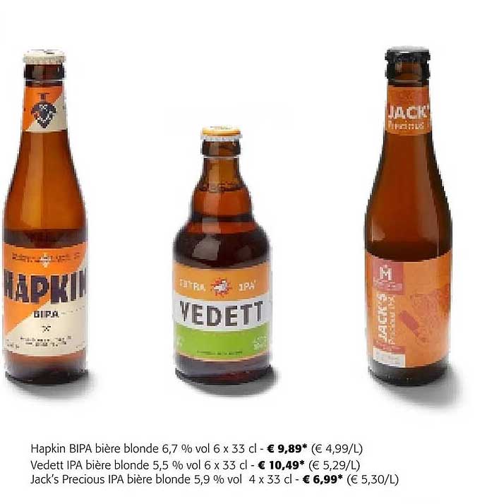 hapkin bipa bière blonde 6,7% vol, vedett ipa bière blonde 5,5% vol, jack's precious ipa bière blonde 5,9% vol
