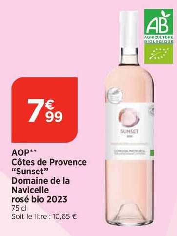 aop côtes de provence "sunset" domaine de la navicelle rosé bio 2023