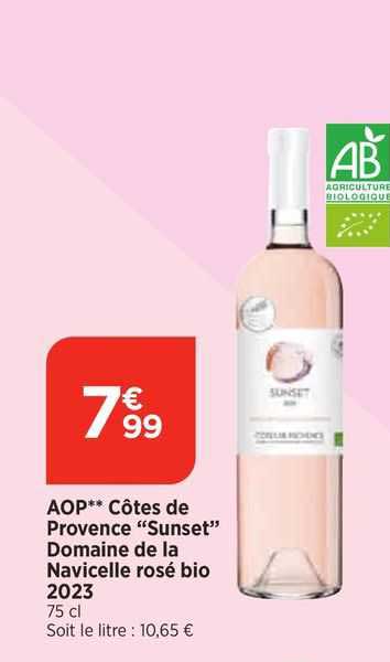 aop côtes de provence "sunset" domaine de la navicelle rosé bio 2023