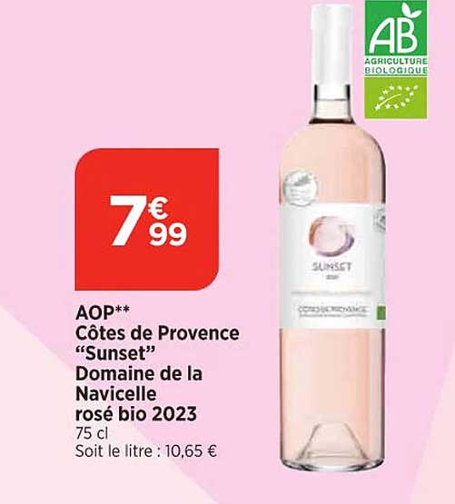 aop côtes de provence "sunset" domaine de la navicelle rosé bio 2023