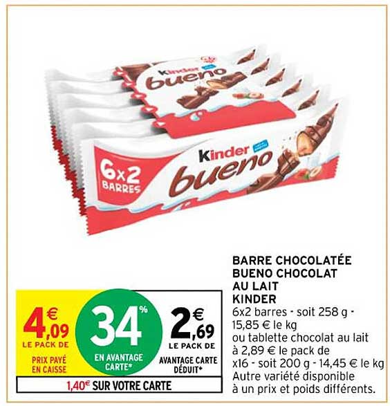 barre chocolatée bueno chocolat au lait kinder