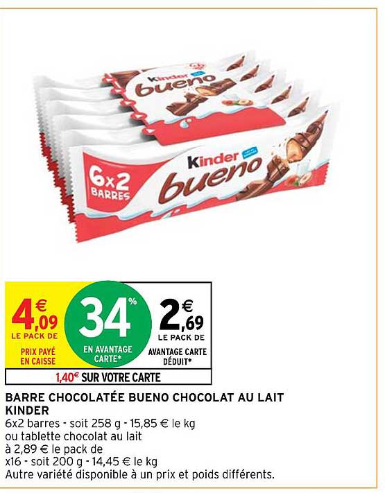 barre chocolatée bueno chocolat au lait kinder