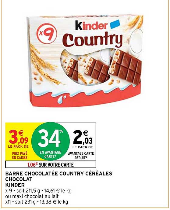 Barre Chocolatée Country Céréales Chocolat Kinder