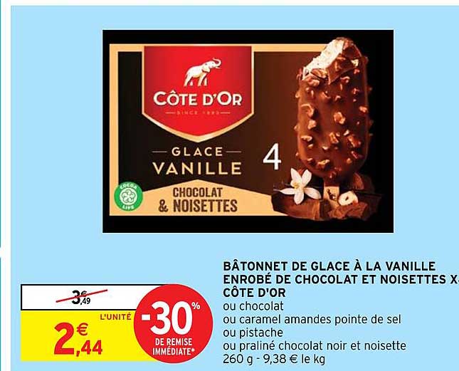 bâtonnets de glace à la vanille enrobé de chocolat et noisettes côte d'or
