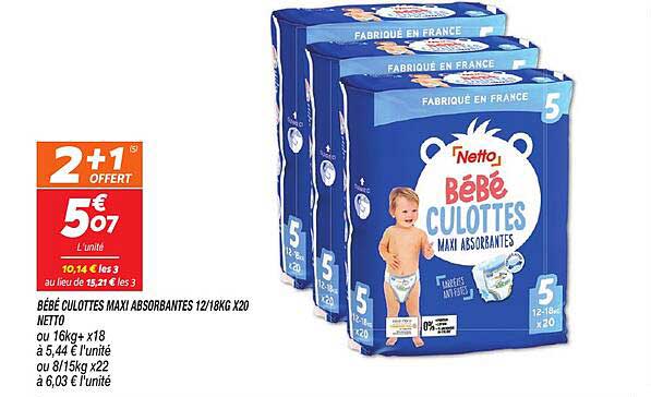 bébé culottes maxi absorbants 12/18kg x20 netto