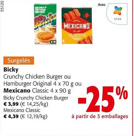 bicky crunchy chicken burger ou hamburger original ou mexicano classic
