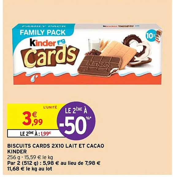 biscuits cards 2x10 lait et cacao kinder