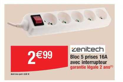 bloc 5 prises 16a avec interrupteur zenitech