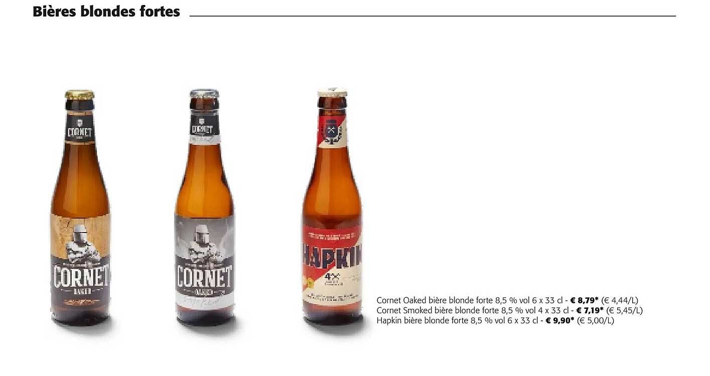 cornet oaked bière blonde forte 8,5% vol, cornet smoked bière blonde forte 8,5% vol, hapkin bière blonde forte 8,5% vol