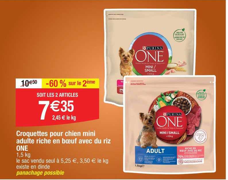 croquettes pour chien mini adulte riche en bœuf avec du riz one