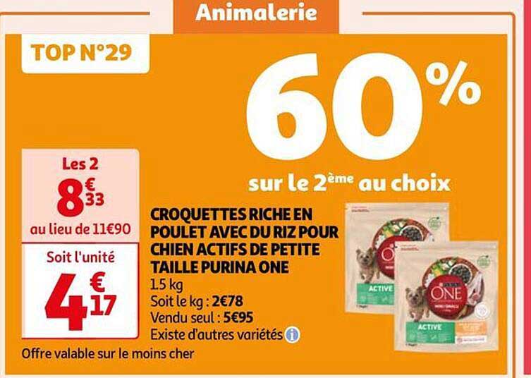 croquettes riche en poulet avec du riz pour chien actifs de petite taille purina one
