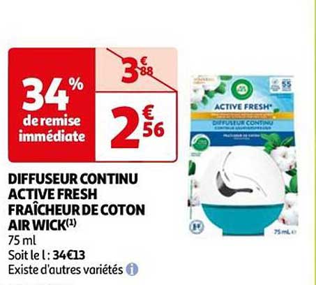diffuseur continu active fresh fraîcheur de coton air wick