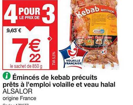 émincés de kebab précuits prêts à l'emploi volaille et veau halal alsalor