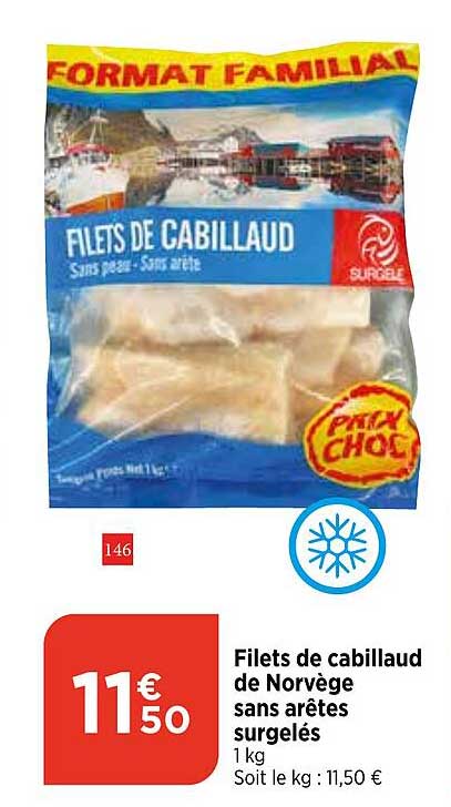 filets de cabillaud de norvège sans arêtes surgelés
