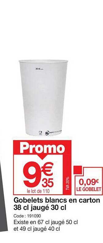 Gobelets Blancs En Carton 38 Cl Jaugé 30 Cl
