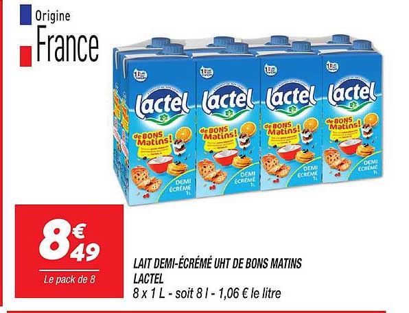 lait demi-écrémé uht de bons matins lactel