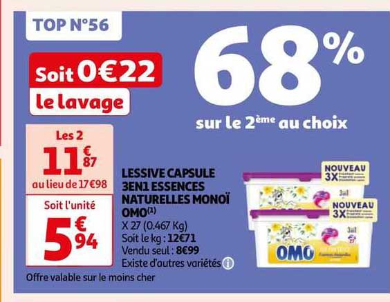 lessive capsule 3en1 essences naturelles monoï omo