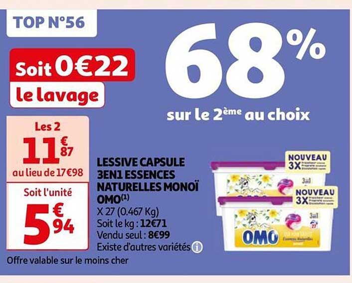 lessive capsule 3en1 essences naturelles monoï omo