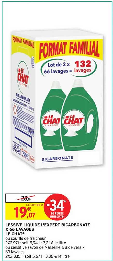 lessive liquide l'expert bicarbonate x 66 lavages le chat