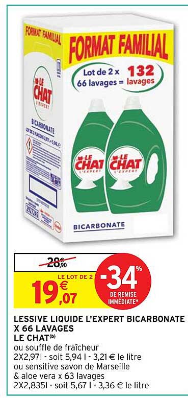 lessive liquide l'expert bicarbonate x66 lavages le chat