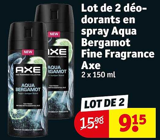 lot de 2 déodorants en spray aqua bergamot fine fragrance axe