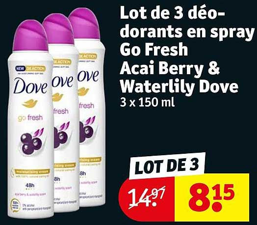 lot de 3 déodorants en spray go fresh acai berry & waterlily dove