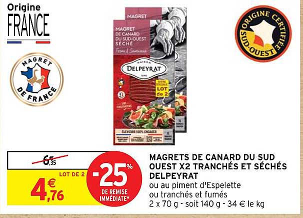 magrets de canard du sud ouest x 2 tranchés et séchés delpeyrat