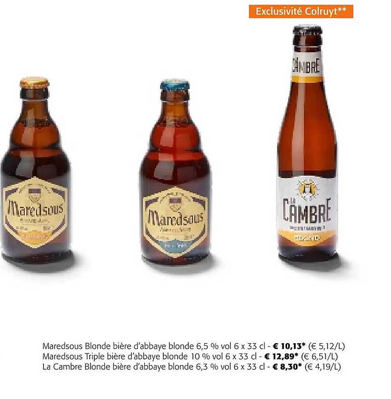 maredsous blonde bière d'abbaye blonde 6,5% vol, maredsous triple bière d'abbaye blonde 10% vol, la cambre blonde bière d'abbaye blonde 6,3% vol