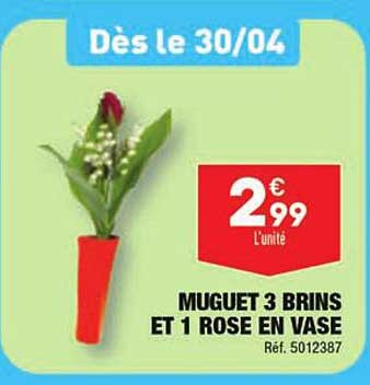 muguet 3 brins et 1 rose en vase