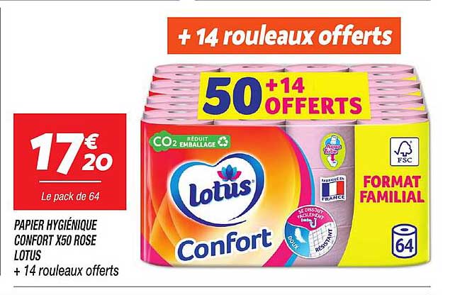 Papier Hygiénique Confort X50 Rose Lotus + 14 Rouleaux Offerts