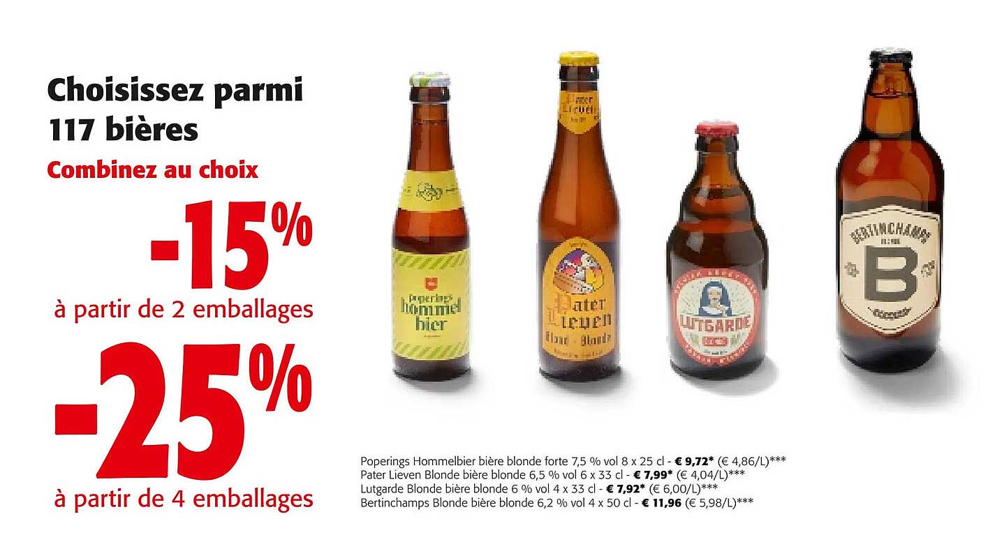 poperings hommelbier bière blonde forte 7,5% vol, pater lieven blonde bière blonde 6,5% vol, lutgarde blonde bière blonde 6% vol, bertinchamps blonde bière blonde 6,2% vol