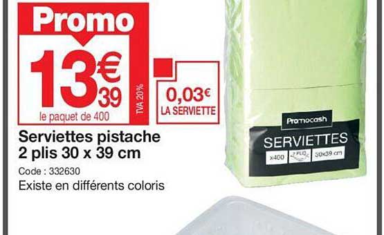 serviettes pistache 2 plis 30 x 39 cm