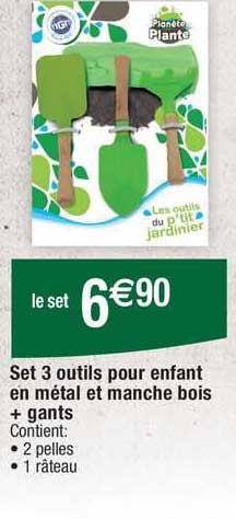 Set 3 Outils Pour Enfant En Métal Et Manche Bois + Gants