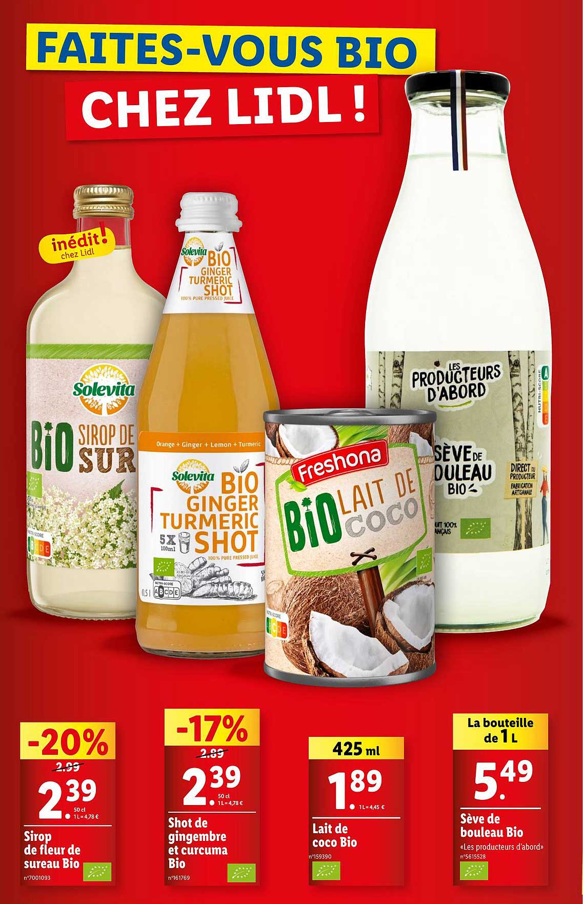 sirop de fleur de sureau bio solevita, shot de gingembre et curcuma bio solevita, lait de coco bio freshona, sève de bouleau bio les producteurs d'abord