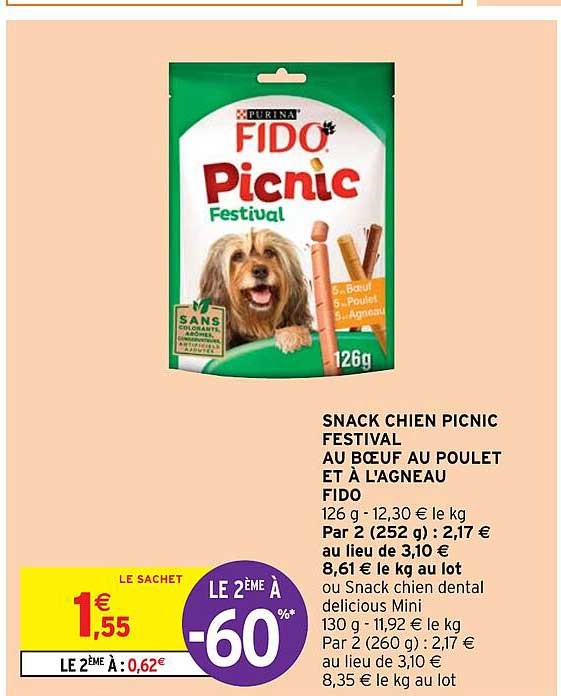 snack chien picnic festival au boeuf au poulet et à l'agneau fido